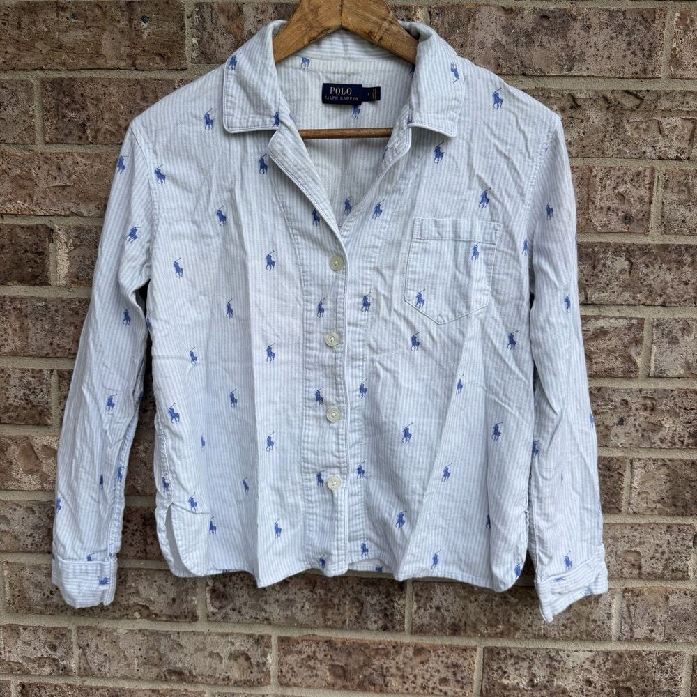 Polo Ralph Lauren Women's Sleep Shirt S Blue Stripe Pony Logo Pajama Top Night